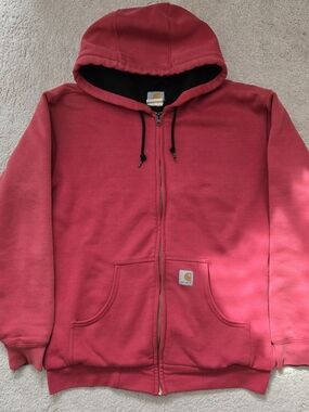 Vintage Carhartt Thermal Zip Up Hoodie Mens Medium Red J149 INR Heavy Workwear